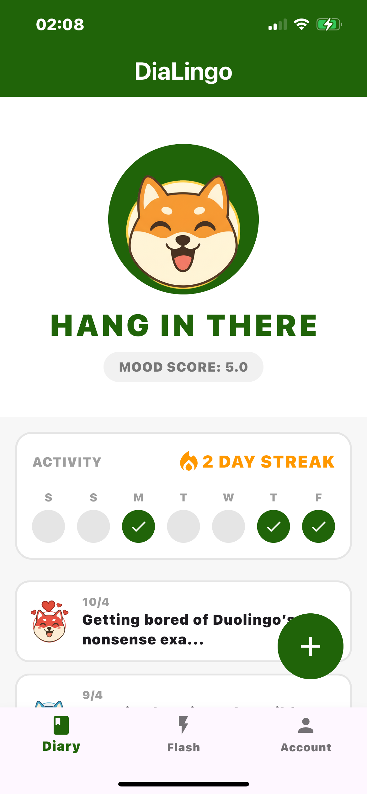 App screenshot showing the diary editor