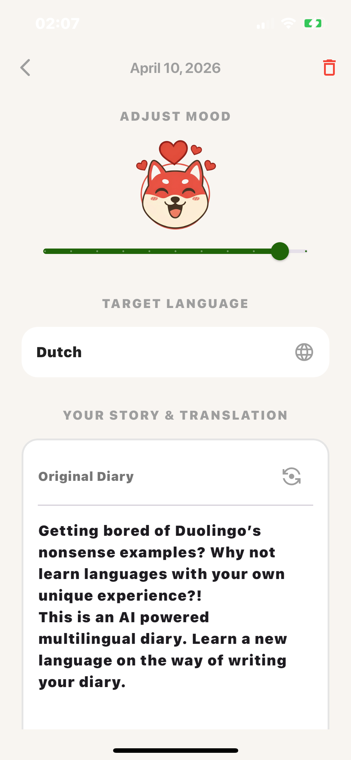 App screenshot showing the translation card
